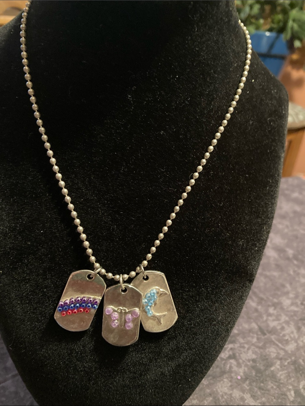 Silver-tone Pendant Necklace with Purple, Blue and Red Rhinestone Accent MILTag